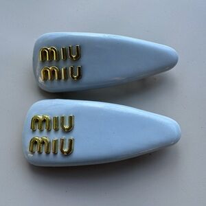 2 Miu Miu Sky Blue Patent Leather Chunky Hair Clips with Gold Logo